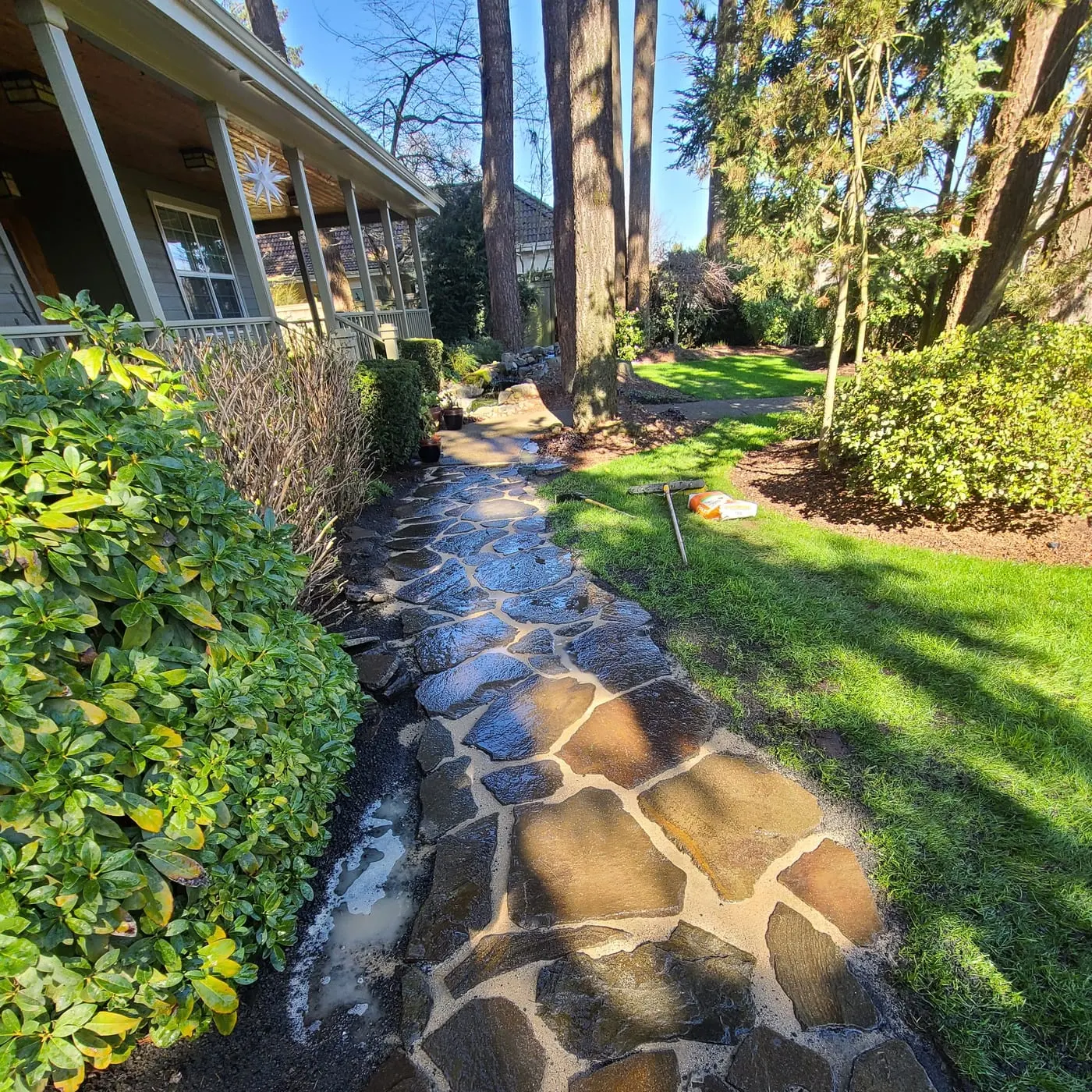 Curved flagstone walkway with lush landscaping along house foundation